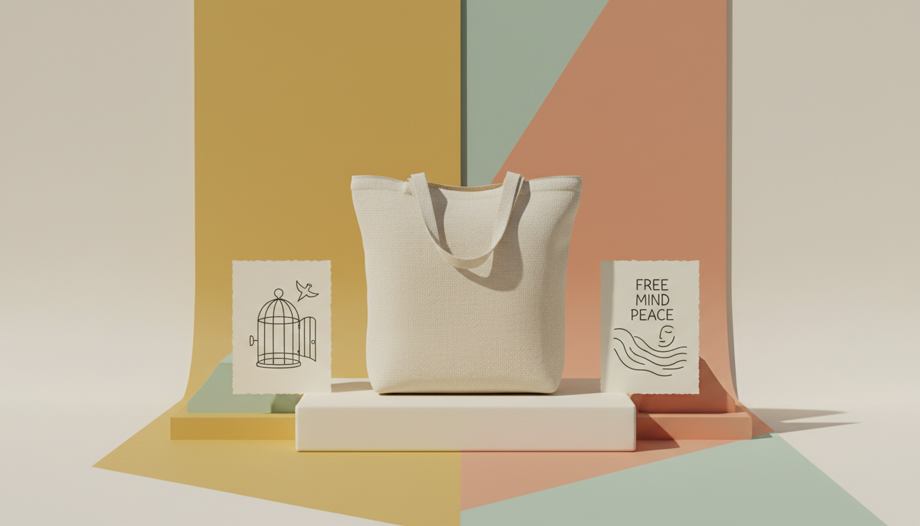 3M&P tote bag with bird cage and Free Mind Peace artwork
